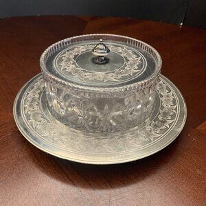 1878 Victorian Pressed Glass Butter Dish Silverplate Tray & Lid Percival Vickers